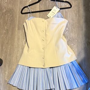 Zara Cream and Blue Pleated Dress
